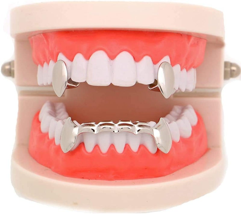 canjoyn 18K Gold Vampire Dracula Teeth Grillz 2pc Single Fangs and 6 Bottom Grillz Set - Image 2